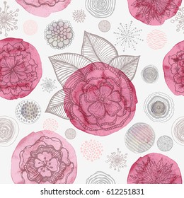 Seamless pattern with hand drawn flowers in doodle style and circles texture. Abstract artistic background. Vector Illustration.