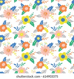 Seamless pattern with hand drawn flowers and leaves. Can be used for wrapping paper, wedding invitation, wallpaper and textile design. Vector illustration