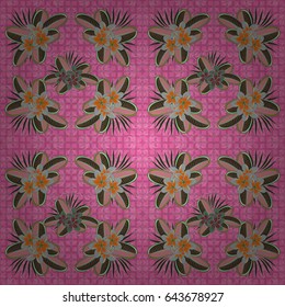Seamless pattern with hand drawn flowers. Vector beautiful background of tiny flowers in pink and green colors.
