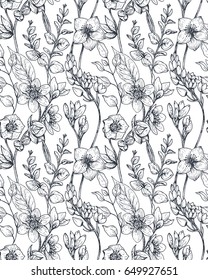 Seamless pattern with hand drawn flowers and plants in sketch style. Monochrome vector endless nature background.