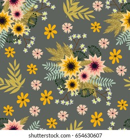 Seamless pattern with hand drawn flowers on a gray background, vector illustration.