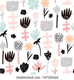 Seamless pattern with hand drawn flowers. Creative botanical height detailed background. Perfect for kids apparel,fabric, textile, nursery decoration,wrapping paper.Vector Illustration