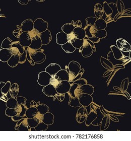 Seamless pattern with hand drawn flowers. Golden cherry blossom on dark background