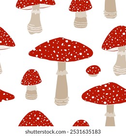 Seamless Pattern with Hand Drawn Fly Agaric Mushrooms on a White Background. Amanita Muscaria Cartoon Design Template. Vector illustration