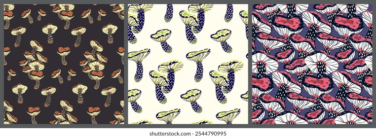 Seamless pattern with hand drawn fly agaric mushrooms. Graphic repeat texture: sketch of poisonous mushrooms in retro trippy motif. Surface design, abstract print in collection. Vector illustration.