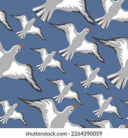 Seamless pattern with hand drawn flying seagulls. Seabirds. Concept of sea and ocean life. Modern print for fabric, textiles, wrapping paper. Vector illustration