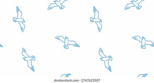 seamless pattern with hand drawn flying seagulls on white background minimalist blue line art marine texture for textile and print