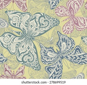 Seamless pattern with hand drawn flying butterflies. Vector illustration in vintage style.