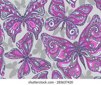 Seamless pattern with hand drawn flying butterflies. Vector illustration.