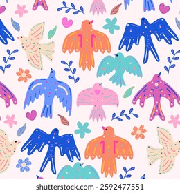 Seamless pattern with hand drawn Folk Birds. Colorful flying birds with ornament. Cartoon isolated vector illustration