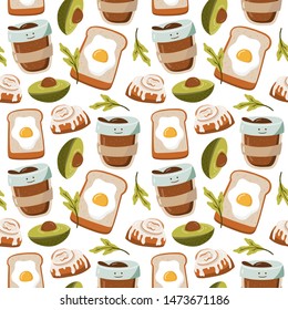 Seamless pattern with hand drawn food. Avocado, toast with egg, coffee, bakery. Vector illustration on white background. Eco lifestyle. 