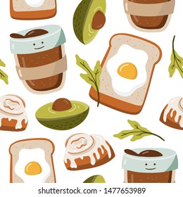 Seamless pattern with hand drawn food. Avocado, toast with egg, coffee, bakery. Vector illustration on white background. Eco lifestyle. 