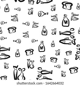 Seamless pattern with hand drawn food elements.fish, bread, seafood, milk, cheese, vegetables, greens.design for mugs, packaging paper, bed linen, t-shirts, banners, bags.vector illustration.monohrom