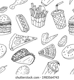 Seamless pattern of hand drawn food doodles . Fast Food set. Hamburger, french fries, 
slice of pizza, hot dog, ice cream, tako, donut,carbonated drinks.Monochrome food elements.