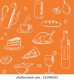Seamless pattern with hand drawn food and drinks