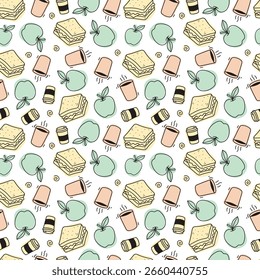Seamless pattern with hand drawn food on white background. Apple, sandwich, coffee. School and office food. Fast food. Culinary themed texture. Vector illustration in doodle sketch style.