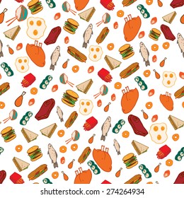 Seamless pattern with hand drawn food, sandwich, chicken, fries, eggs, sushi, rice, fish, hamburger. Vector illustration.