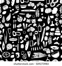 Seamless pattern  Hand drawn food elements. Menu or textile decoration. Cartoon. Simple forms. Black and white