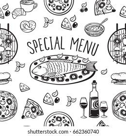 Seamless pattern with hand drawn food elements for restaurant menu, textile, wallpapers, gift wrap and scrapbook. Black and white. Vector illustration.
