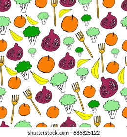 Seamless pattern. Hand drawn food elements. Menu or textile decoration. Cartoon. Simple forms. 
