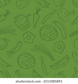 Patrón sin fisuras dibujado a mano alimentos y verduras sobre fondo verde. Ilustración vectorial