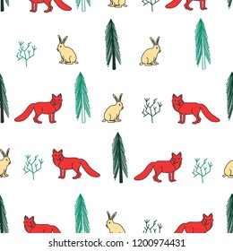 Seamless pattern with hand drawn forest animals. Fox and rabbit 