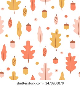 Seamless pattern with hand drawn forest elements in flat style. Flat background: leaves, acorn, berries and bump. Autumn vector illustration