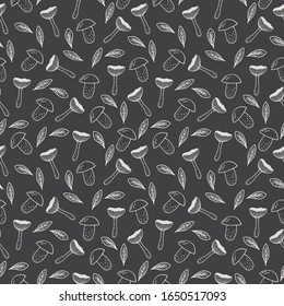 Seamless pattern with hand drawn forest mushrooms and leaves on a dark background. It can be used for decoration of textile, paper and other surfaces.