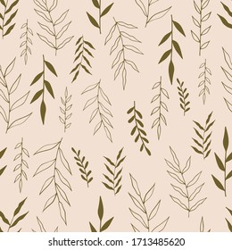 Seamless pattern with hand drawn forest leaves. Illustration in doodle style for wedding decoration, card, greeting, print and other floral vintage design.