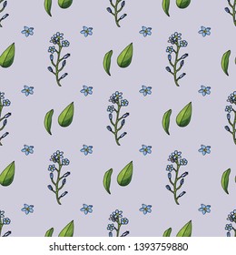 Seamless pattern with hand drawn forget-me-nots. Endless texture with flowers on light purple background