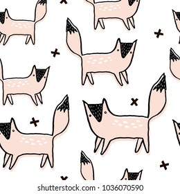 Seamless pattern with hand drawn foxes. Creative scandinavian modern texture for fabric, wrapping, textile, wallpaper, apparel. Vector illustration