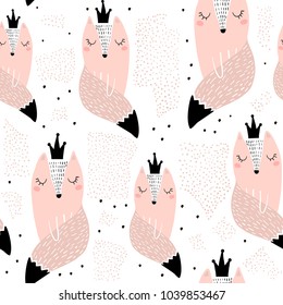 Seamless pattern with hand drawn foxes princess. Creative scandinavian modern texture for fabric, wrapping, textile, wallpaper, apparel. Vector illustration