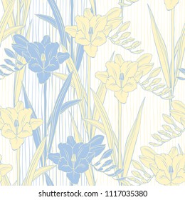 Seamless pattern with hand drawn freesia flowers. Vector illustration. Floral color silhouettes on white background.