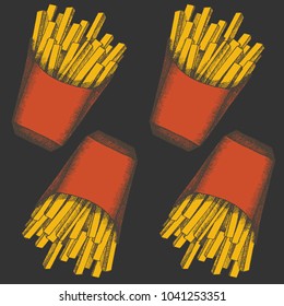 Seamless pattern with hand drawn french frie. Fast food background. Design for menu, advertising and banners. Sketch. Pattern can be used for wallpaper, web page background, textures.