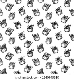 Seamless pattern hand drawn French fries. Doodle black sketch. Sign symbol. Decoration element. Isolated on white background. Flat design. Vector illustration.