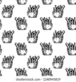 Seamless pattern hand drawn French fries. Doodle black sketch. Sign symbol. Decoration element. Isolated on white background. Flat design. Vector illustration.