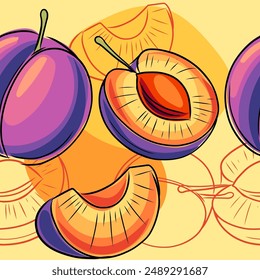 Seamless pattern of hand drawn fresh purple plum with seed. Whole and halved fruit in doodle style. Vector illustration