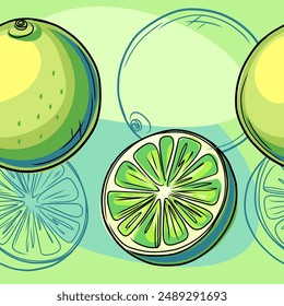 Patrón sin fisuras dibujado a mano fruta fresca de cal verde. Fruta de la familia de cítricos tropicales enteros y partidos en estilo doodle. Ilustración vectorial