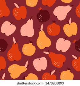 Seamless pattern with hand drawn fruit in cartoon style. Flat background: apple, berries, pear and garnet. Autumn vector illustration