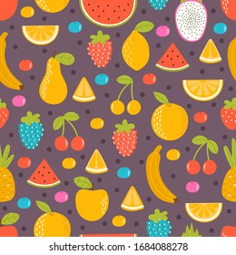 Seamless pattern with hand drawn fruit. Summer tropical healthy food. Texture for textile or wrapping paper. Vector illustration