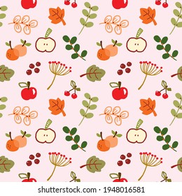 Seamless Pattern with Hand Drawn Fruit and Leaf Design on Light Pink Background