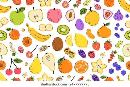 Seamless pattern with hand drawn fruit doodles. Flat tropical set of banana, apple, pear, peach, strawberry, lemon, cherry, fig, quince, starfruit and some berries. Mulberry, raspberry, strawberry