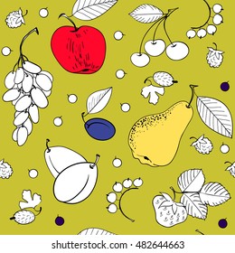 Seamless pattern of hand drawn fruit and berries. Vector background. 