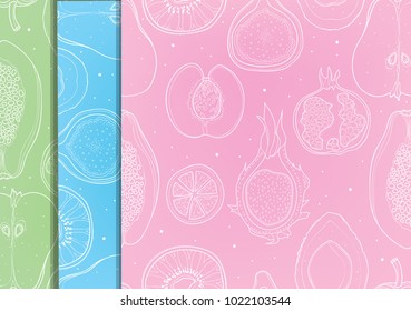Seamless pattern with hand drawn fruits. White outline on colorful backgrounds. Peach, kiwi, figs, papaya