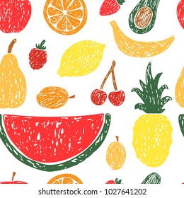 Seamless pattern of hand drawn fruits and berries.Vector illustration.