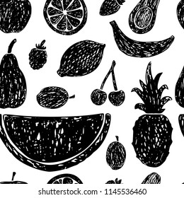 Seamless pattern of hand drawn fruits and berries.Vector illustration.