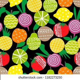 Seamless pattern with hand drawn fruits and vegetables on the black background. Vector illustration in scandinavian style.