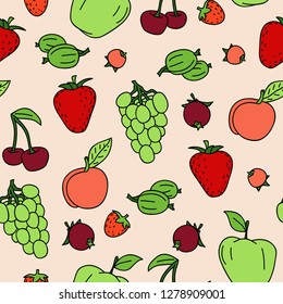 Seamless pattern with hand drawn fruits and berries. Abstract doodle colorful endless texture background. Vector illustration.