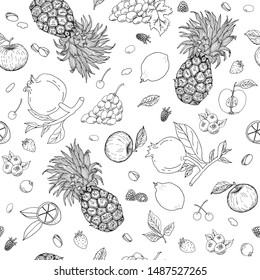 Seamless pattern with hand drawn fruits and berries, apples, lemons, strawberries, pineapple, raspberries, cherry, pomegranate vector illustration