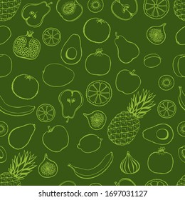 Nahtloses Muster mit handgezeichneten Früchteelementen auf grünem Hintergrund. Vegetarische Tapete. Für Design-Verpackungen, Textilien, Hintergrund, Design-Postkarten und Poster.